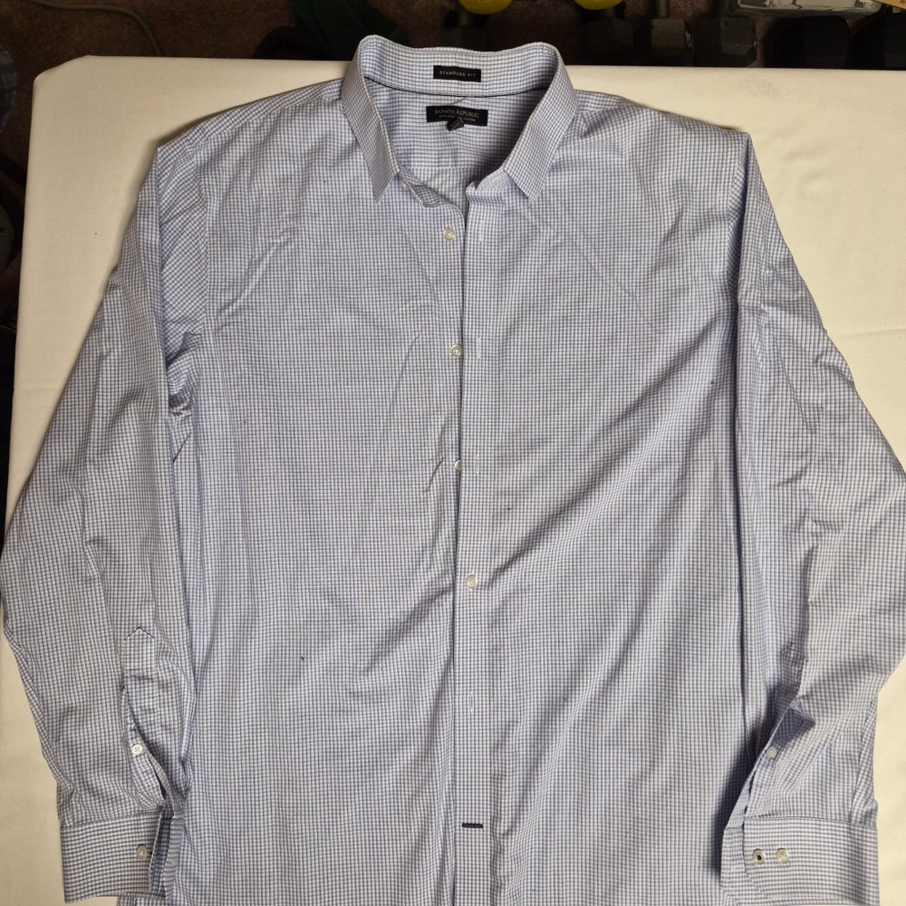 Banana Republic Standard Fit Men's XL Non Iron Blue Gingham Dress Shirt Cotton